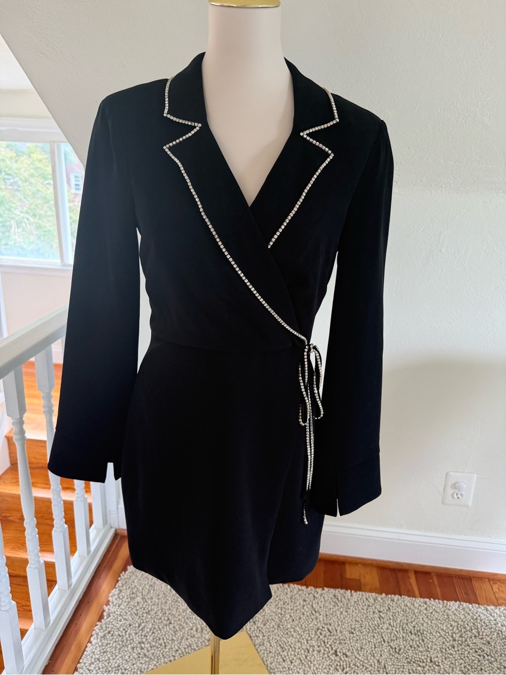 cinq a sept Black Wrap Dress with Rhinestone Trim Size 6 NWT
